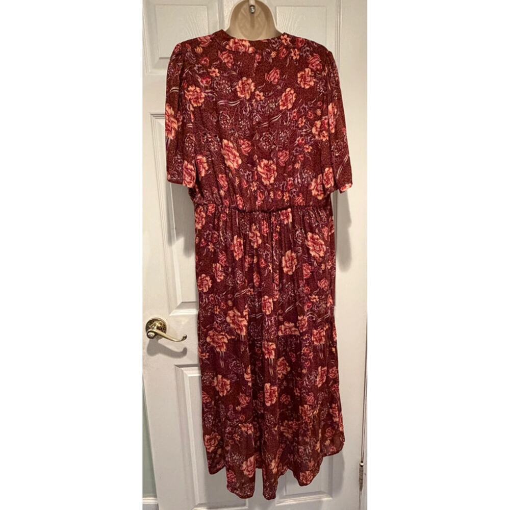 Good Hart Floral Boho Midi Dress Burgundy Rust Red Tie Neck Rayon Medium M - Picture 3 of 11